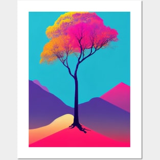 Lonely Tree Under A Blue Night Sky Vibrant Colored Whimsical Minimalist - Abstract Bright Colorful Nature Poster Art of a Leafless Tree Posters and Art